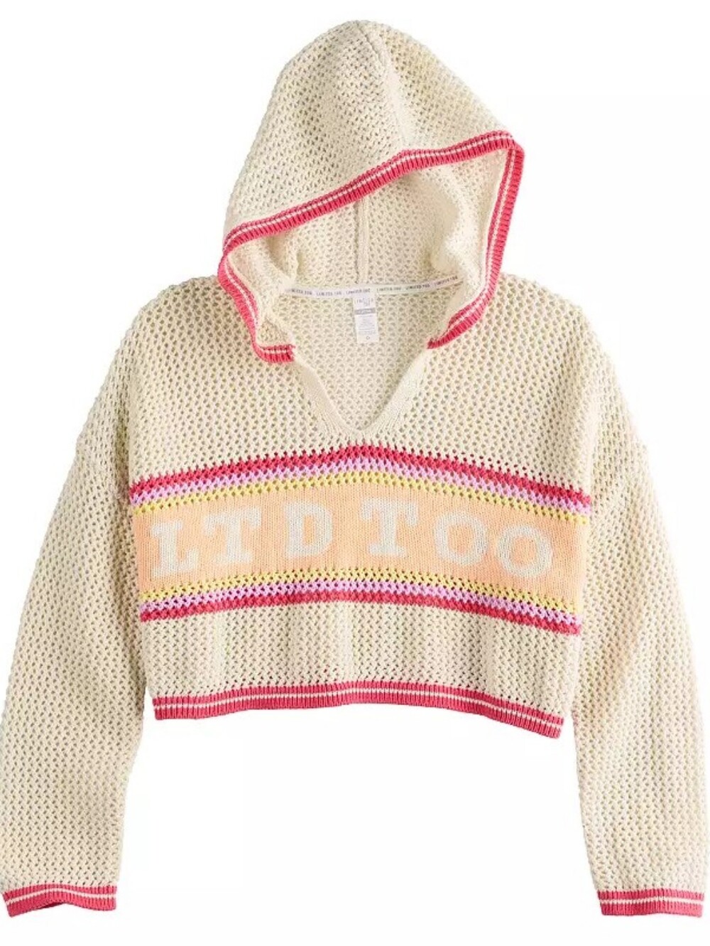 The Limited Too NWT Cropped Crochet Hoodie Logo Size Jrs XL Cream Multi V-Neck